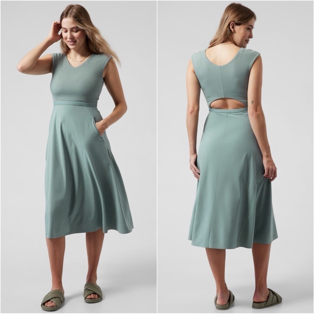 Athleta Ryder Dress Midi Cut Out Back Sleeveless V-neck Petite Green Blue MP
